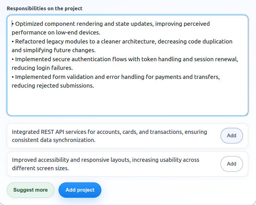 AI suggestions for project responsibilities in DEVCV.PRO