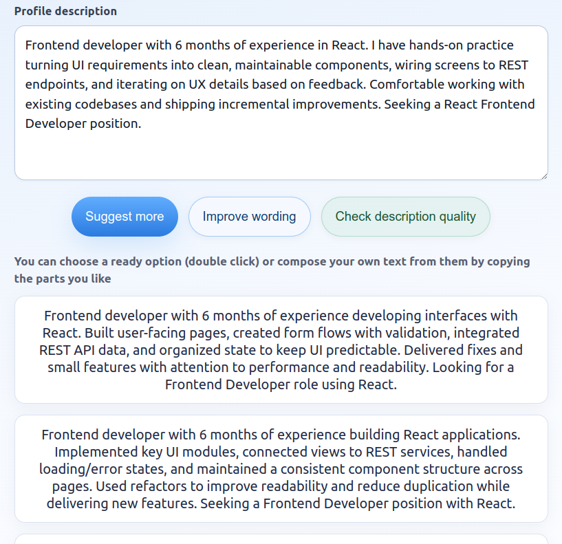 Example profile summary generation in DEVCV.PRO