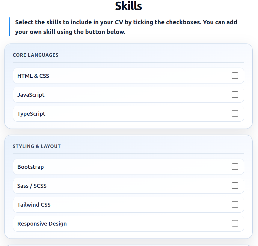 Example skill selection in DEVCV.PRO